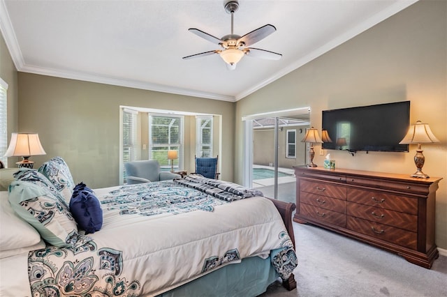 2925 Deerbrook Dr, Lakeland, FL 33811 - bedroom with access to outside, vaulted ceiling, carpet floors, crown molding, and a ceiling fan
