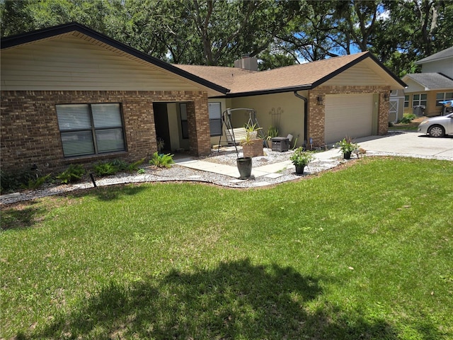 909 Heatherbrook Dr, Auburndale, FL 33823 - ranch-style house with brick siding, a garage, concrete driveway, and a front lawn