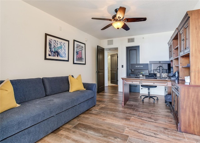 5353 Gulf Blvd Unit A402, St Pete Beach, FL 33706 - office area with a ceiling fan and wood finished floors