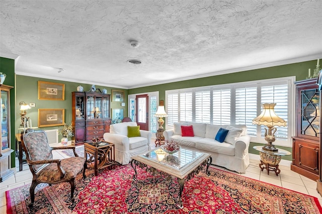 3898 49th Ave S, Saint Petersburg, FL 33711 - living room with ornamental molding, light tile patterned floors, and a textured ceiling