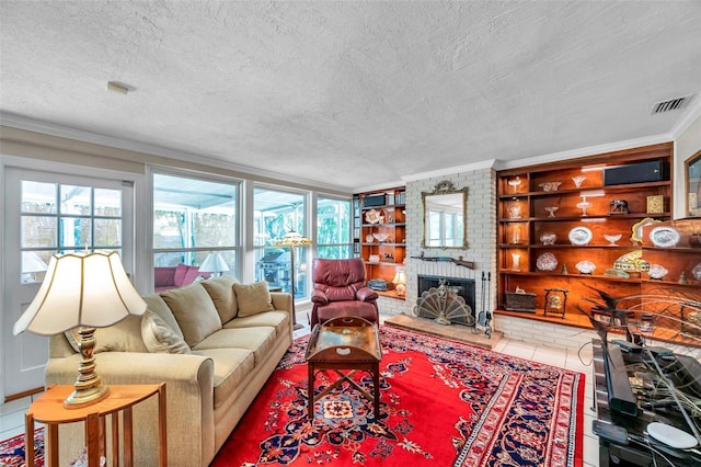 3898 49th Ave S, Saint Petersburg, FL 33711 - tiled living area featuring ornamental molding, a textured ceiling, and a fireplace