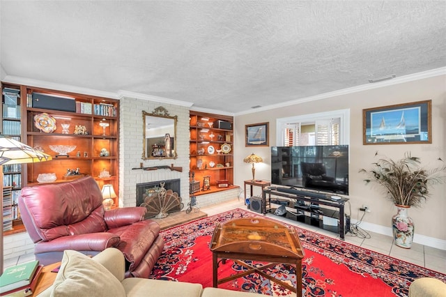 3898 49th Ave S, Saint Petersburg, FL 33711 - tiled living area with a textured ceiling, crown molding, and a fireplace