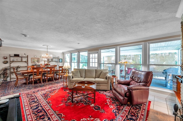 3898 49th Ave S, Saint Petersburg, FL 33711 - living area featuring ornamental molding, a chandelier, and a textured ceiling