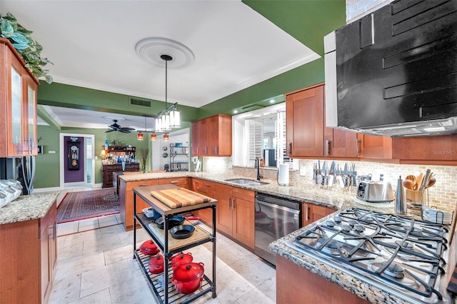 3898 49th Ave S, Saint Petersburg, FL 33711 - kitchen featuring appliances with stainless steel finishes, range hood, a peninsula, tasteful backsplash, and ornamental molding