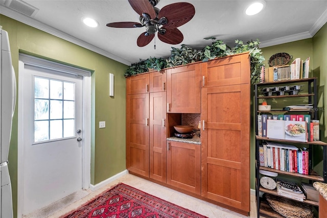 3898 49th Ave S, Saint Petersburg, FL 33711 - doorway with crown molding, ceiling fan, recessed lighting, and light tile patterned flooring