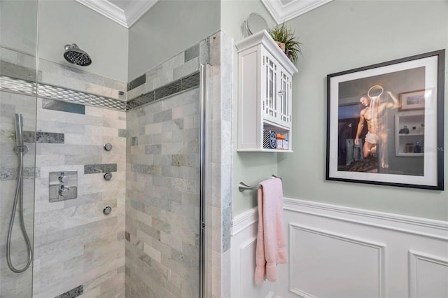 3898 49th Ave S, Saint Petersburg, FL 33711 - full bathroom with ornamental molding, a shower stall, and wainscoting