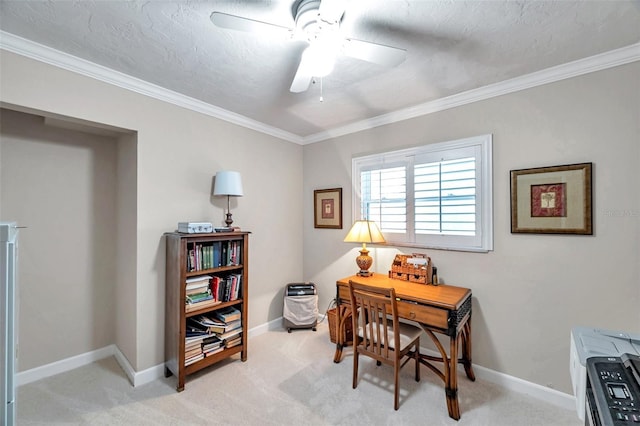 3898 49th Ave S, Saint Petersburg, FL 33711 - home office featuring crown molding, a ceiling fan, and light colored carpet