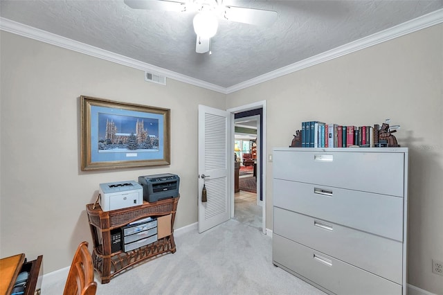 3898 49th Ave S, Saint Petersburg, FL 33711 - bedroom featuring a textured ceiling, light carpet, crown molding, ceiling fan, and a desk