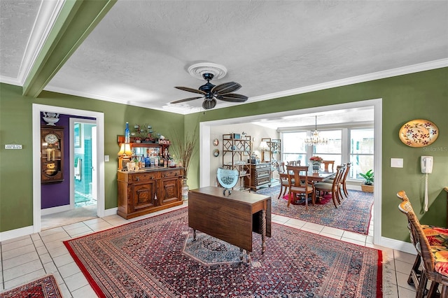 3898 49th Ave S, Saint Petersburg, FL 33711 - tiled home office featuring a chandelier, crown molding, a textured ceiling, and ceiling fan