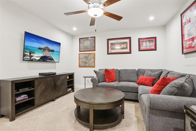5808 Grand Sonata Ave, Lutz, FL 33558 - living room featuring light colored carpet, a ceiling fan, and recessed lighting