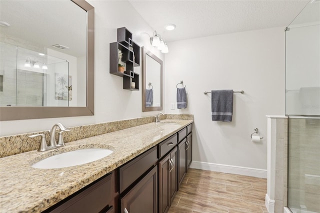 5808 Grand Sonata Ave, Lutz, FL 33558 - bathroom featuring double vanity, a stall shower, and wood finished floors