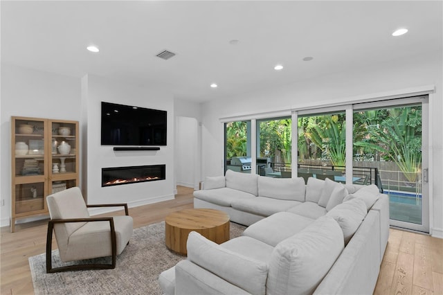 503 W Davis Blvd, Tampa, FL 33606 - living area featuring light wood finished floors, recessed lighting, and a warm lit fireplace