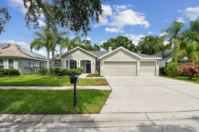 15217 Octavia Ln, Odessa, FL 33556 - single story home with a garage, concrete driveway, a front yard, stucco siding, and a chimney
