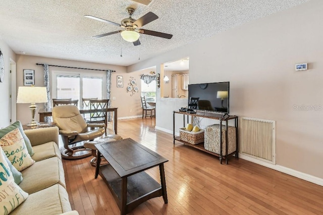 12413 Dawn Vista Dr, Riverview, FL 33578 - living area with ceiling fan, wood-type flooring, and a textured ceiling