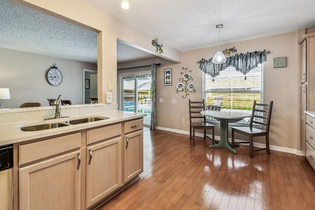 12413 Dawn Vista Dr, Riverview, FL 33578 - kitchen featuring light brown cabinetry, wood-type flooring, dishwasher, and hanging light fixtures
