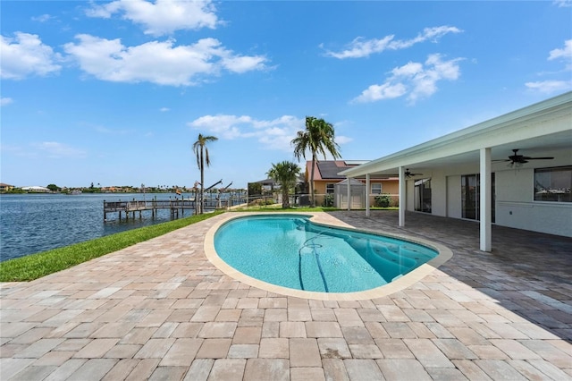 6334 Cocoa Ln, Apollo Beach, FL 33572 - swimming pool with ceiling fan, a patio area, and a water view