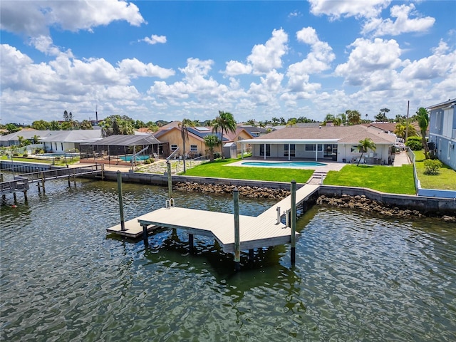6334 Cocoa Ln, Apollo Beach, FL 33572 - dock featuring a patio, a pool, a water view, a residential view, and boat lift