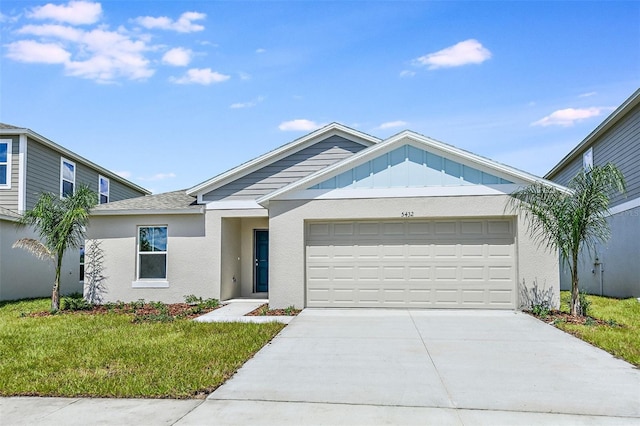 13044 Wellspring Dr, Lithia, FL 33547 - single story home with a garage, driveway, a front lawn, board and batten siding, and roof with shingles