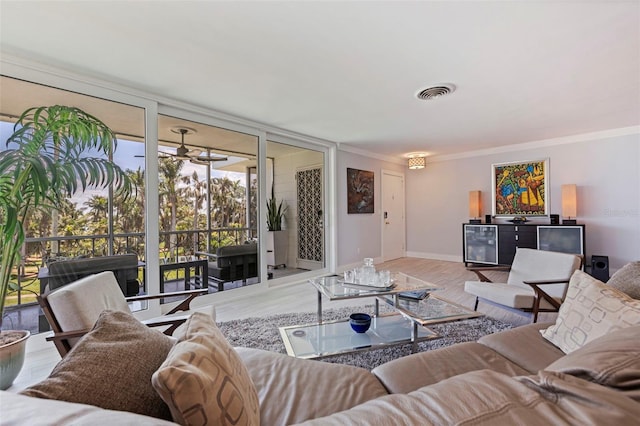 1060 N Shore Dr NE Unit 6, Saint Petersburg, FL 33701 - living room featuring crown molding, beverage cooler, wood finished floors, and a ceiling fan