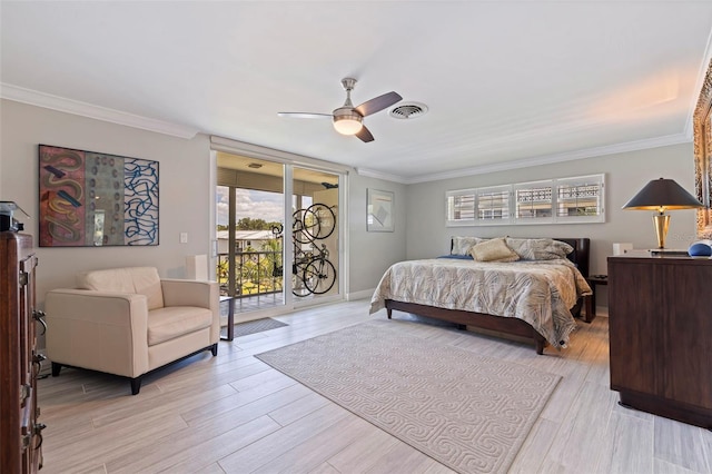 1060 N Shore Dr NE Unit 6, Saint Petersburg, FL 33701 - bedroom featuring access to exterior, ornamental molding, ceiling fan, and light wood finished floors