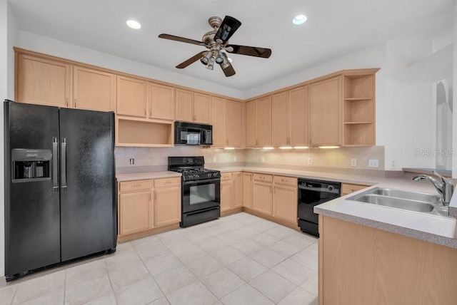 6044 Sandhill Ridge Dr, Lithia, FL 33547 - kitchen with black appliances, open shelves, light brown cabinets, a ceiling fan, and tasteful backsplash