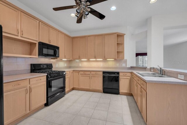 6044 Sandhill Ridge Dr, Lithia, FL 33547 - kitchen featuring black appliances, open shelves, light brown cabinetry, backsplash, and recessed lighting
