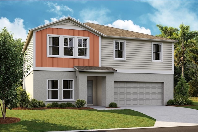 12822 Canter Call Rd, Lithia, FL 33547 - view of front of property featuring a garage, a front yard, driveway, board and batten siding, and stucco siding