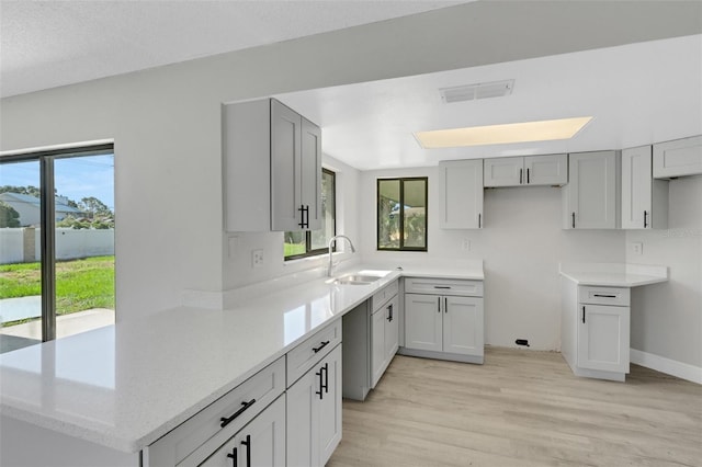 2151 Groveglen Ln S, Lakeland, FL 33813 - kitchen with healthy amount of natural light, light wood-style floors, gray cabinetry, and light stone counters