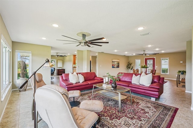 2110 W View Dr, Sun City Center, FL 33573 - living room featuring ceiling fan, plenty of natural light, and recessed lighting