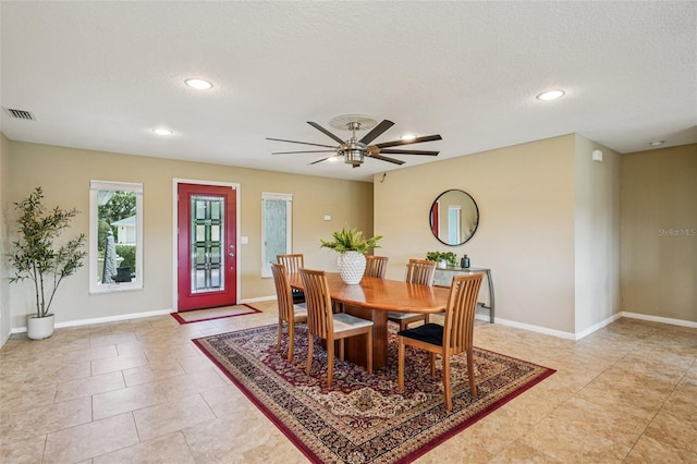 2110 W View Dr, Sun City Center, FL 33573 - dining room with a textured ceiling, recessed lighting, a ceiling fan, and light tile patterned flooring