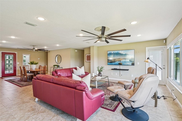 2110 W View Dr, Sun City Center, FL 33573 - living area with ceiling fan, recessed lighting, and light tile patterned floors