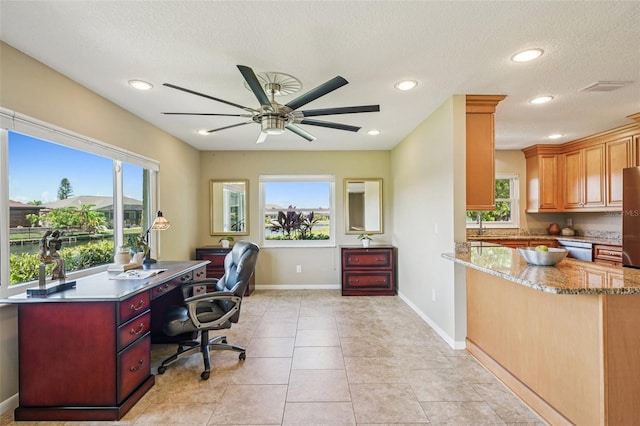 2110 W View Dr, Sun City Center, FL 33573 - office area featuring plenty of natural light, a ceiling fan, recessed lighting, a textured ceiling, and light tile patterned floors