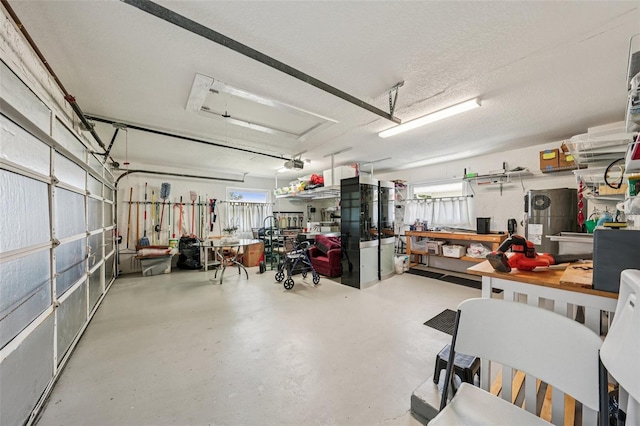 2110 W View Dr, Sun City Center, FL 33573 - garage featuring a garage door opener, a workshop area, and fridge