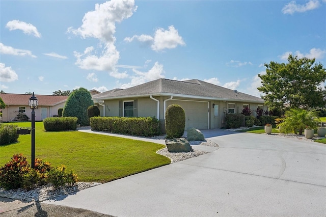 2110 W View Dr, Sun City Center, FL 33573 - ranch-style house with an attached garage, a front lawn, concrete driveway, and stucco siding
