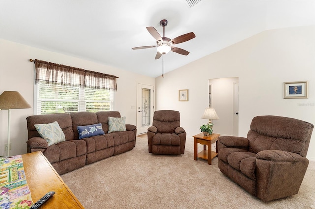1032 Kelsea Cir, The Villages, FL 32159 - living room featuring vaulted ceiling, ceiling fan, and light colored carpet