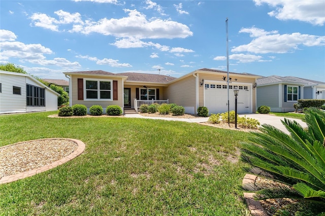 1032 Kelsea Cir, The Villages, FL 32159 - single story home featuring covered porch, a garage, concrete driveway, a front lawn, and ceiling fan