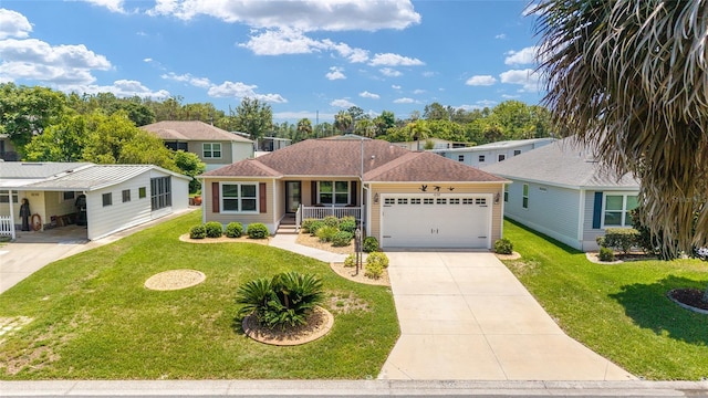 1032 Kelsea Cir, The Villages, FL 32159 - view of front of house with concrete driveway, a front yard, a porch, and an attached garage