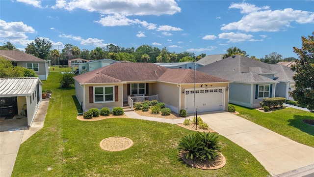 1032 Kelsea Cir, The Villages, FL 32159 - ranch-style house featuring a porch, an attached garage, a front lawn, concrete driveway, and roof with shingles