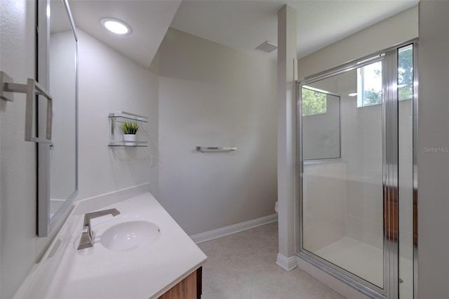 5224 Fairway One Dr, Valrico, FL 33596 - bathroom with vanity, a stall shower, and tile patterned flooring