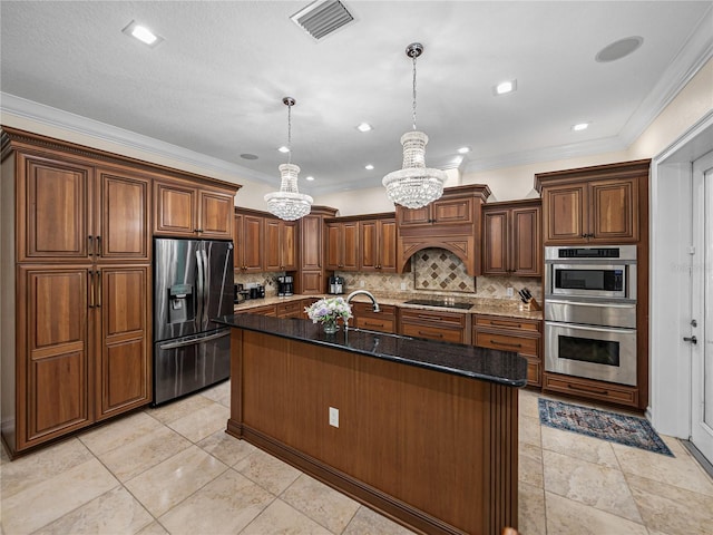 7427 20th St, Zephyrhills, FL 33540 - kitchen featuring stainless steel refrigerator with ice dispenser, black electric cooktop, a chandelier, decorative backsplash, and crown molding