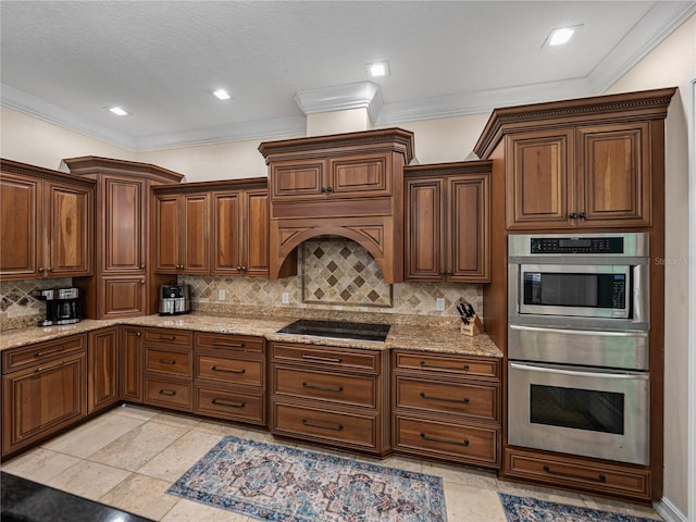 7427 20th St, Zephyrhills, FL 33540 - kitchen with appliances with stainless steel finishes, a warming drawer, tasteful backsplash, light stone counters, and crown molding