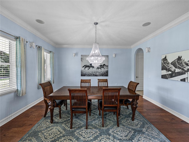 7427 20th St, Zephyrhills, FL 33540 - dining room with arched walkways, plenty of natural light, wood finished floors, a chandelier, and crown molding