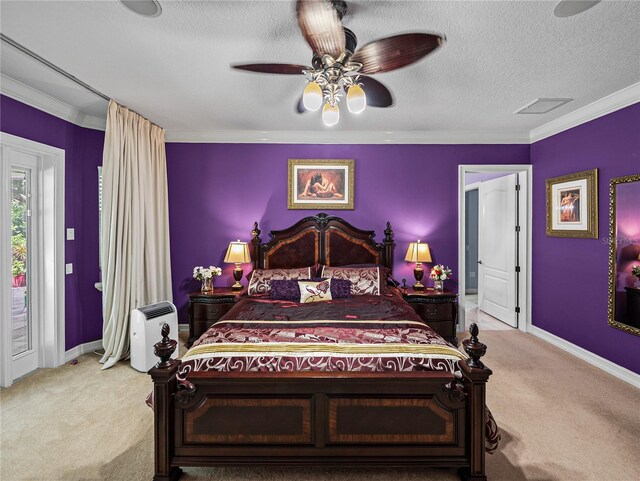 7427 20th St, Zephyrhills, FL 33540 - carpeted bedroom featuring access to outside, ceiling fan, ornamental molding, and a textured ceiling