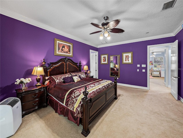 7427 20th St, Zephyrhills, FL 33540 - bedroom with crown molding, light carpet, a ceiling fan, and a textured ceiling