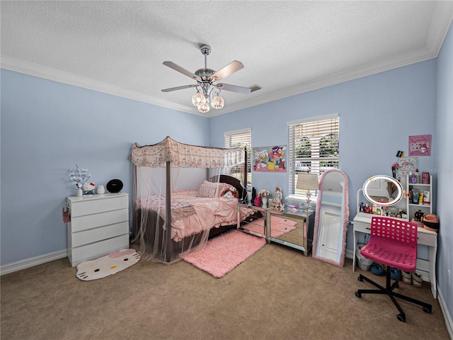 7427 20th St, Zephyrhills, FL 33540 - carpeted bedroom featuring crown molding, a textured ceiling, and a ceiling fan
