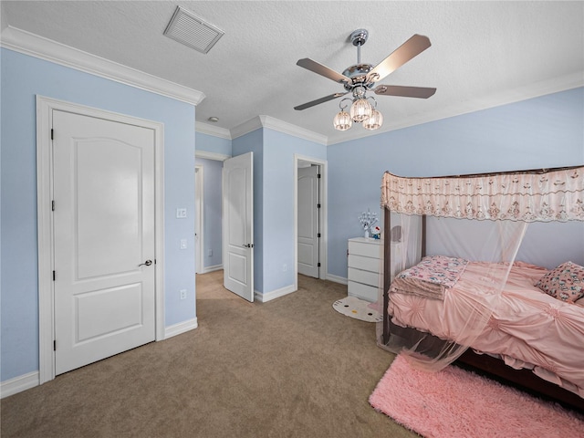 7427 20th St, Zephyrhills, FL 33540 - carpeted bedroom with crown molding, ceiling fan, and a textured ceiling