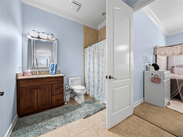 7427 20th St, Zephyrhills, FL 33540 - bathroom featuring crown molding, vanity, tile patterned flooring, and curtained shower