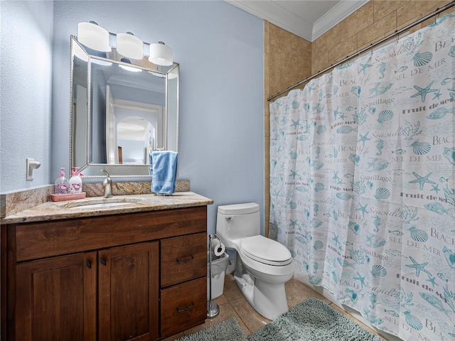 7427 20th St, Zephyrhills, FL 33540 - full bathroom featuring vanity, tile patterned flooring, ornamental molding, and a shower with curtain