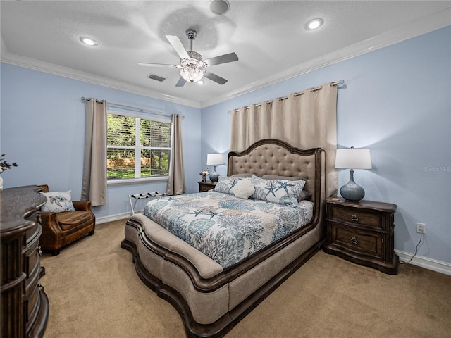 7427 20th St, Zephyrhills, FL 33540 - bedroom with light carpet, ornamental molding, ceiling fan, and recessed lighting