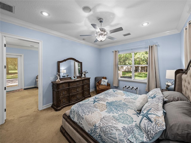 7427 20th St, Zephyrhills, FL 33540 - bedroom featuring light colored carpet, ornamental molding, ceiling fan, and recessed lighting
